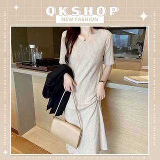 QKshop เดรสสีพื้น🥰 ดีไซน์เริ่ด ลุคเรียบหรูดูแพง แต่สินค้าไม่แพงนะจ๊ะ💵🎉เดรสกระโปรงยาว เรียบหรู ดูเชิ่ด คอกลม แขนสั้น 🎊