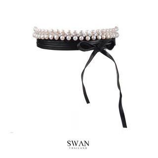 SWAN - Leather Pearl Choker สร้อยคอหนัง ประดับมุกแท้ มุกน้ำจืด ฝังเพชรคิวบิคเซอร์โคเนีย cubic zirconia