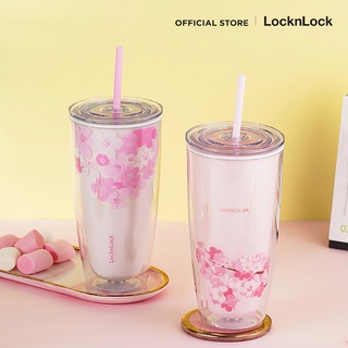 LocknLock แก้วพลาสติก 2 ชั้นลายซากุระ พร้อมหลอด Double Wall Cold Cup 720 ml. รุ่น HAP509