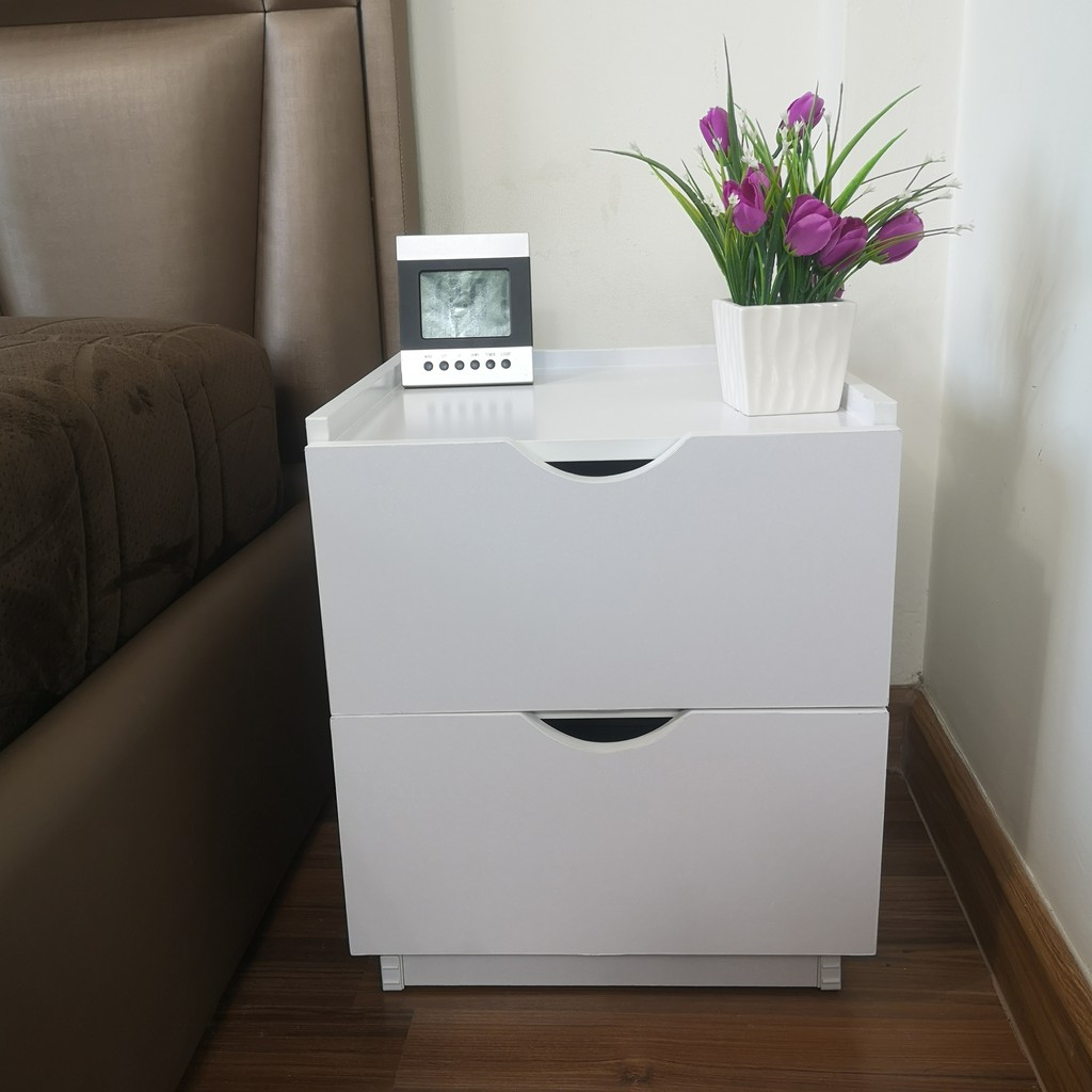 ตูู้ข้างเตียง โต๊ะหัวเตียง 2 ลิ้นชัก ราคาถูก ประกอบให้เสร็จ ขนาด 40x40x47 cm.​ สีขาว