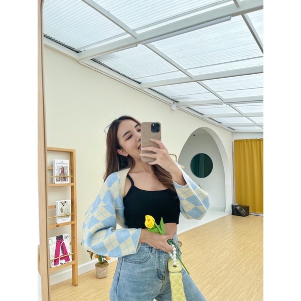 พร้อมส่ง เสื้อไหมพรมใส่สวมเเค่เเขนลายตารางทูโทน - wearable_shop - ThaiPick