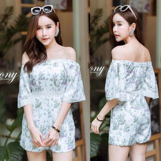Peony จั้มสูทปาดไหล่พิมพ์ลาย ขลิบแต่งลูกไม้ งานดีมาพร้อมซับในและซิปซ่อนด้านหลัง ตัวเดียวจบ