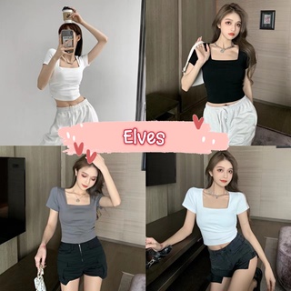 Elves✨พร้อมส่ง✨ เสื้อยืดครอปแขนสั้น คอเหลี่ยม ผ้านิ่มลื่นใส่สบายสุดๆ ~DX-6746-H~