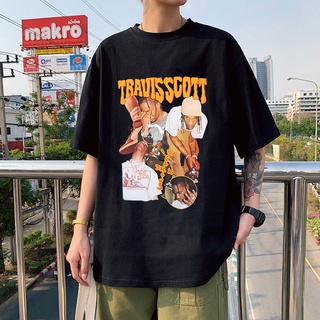 ROUND คอลูกเรือเสื้อยืด พิมพ์ลายการ์ตูน Travis Scott คุณภาพสูง สไตล์ฮิปฮอป สตรีท แฟชั่นสําหรับผู้ชาย และผู้หญิง-4XL