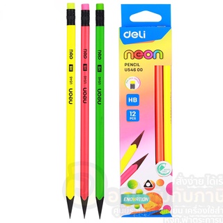 ดินสอ Graphite Pencil ดินสอไม้ HB ทรง3 เหลี่ยม สีนีออน ยี่ห้อ Deli U54600 บรรจุ 12ด้าม/กล่อง จำนวน 1กล่อง พร้อมส่ง