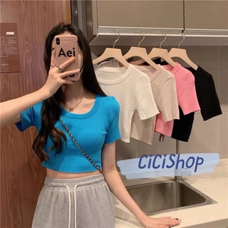 Cicishop(9317-1)เสื้อครอปคอกลมไหมพรมผ้าร่อง สีสันสดใส สไตล์มินิมอล