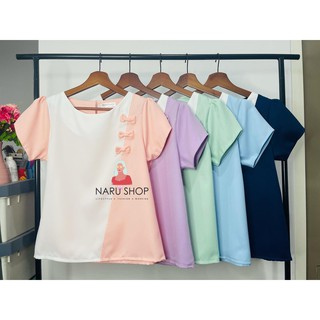 พร้อมส่ง!! เสื้อแขนสั้น เสื้อแฟชั่น ใส่ทำงาน ใส่ลำลอง โบว์จิ๋ว ผ้าโฟว์เวย์ อก 38" /42"