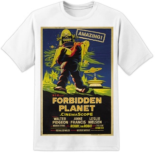 เสื้อยืดผ้าฝ้าย Forbidden PLANET โปสเตอร์ภาพยนตร์ย้อนยุค - พิมพ์ใหญ่! เสื้อยืด คอกลม ผ้าฝ้าย สไตล์วินเทจ คลาสสิก แฟชั่นส