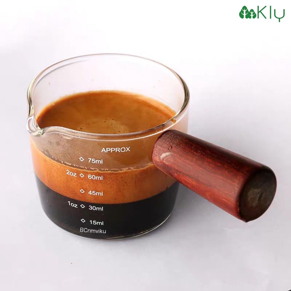 แก้วช็อตชงกาแฟ Espresso ตวงนม ขนาดเล็ก สำหรับทำกาแฟ ใส่ไซรัป ด้ามไม้ มีสเกวบอก 75ml.