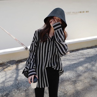 เสื้อเชิ้ต ผ้าชีฟอง ลายทางแนวตั้ง ทรงหลวม บาง สําหรับผู้หญิง 2018