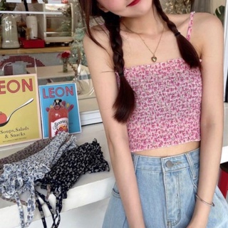 PIXXME-สายเดี่ยวเกาหลี พิมพ์ลายดอก ปรับสายได้