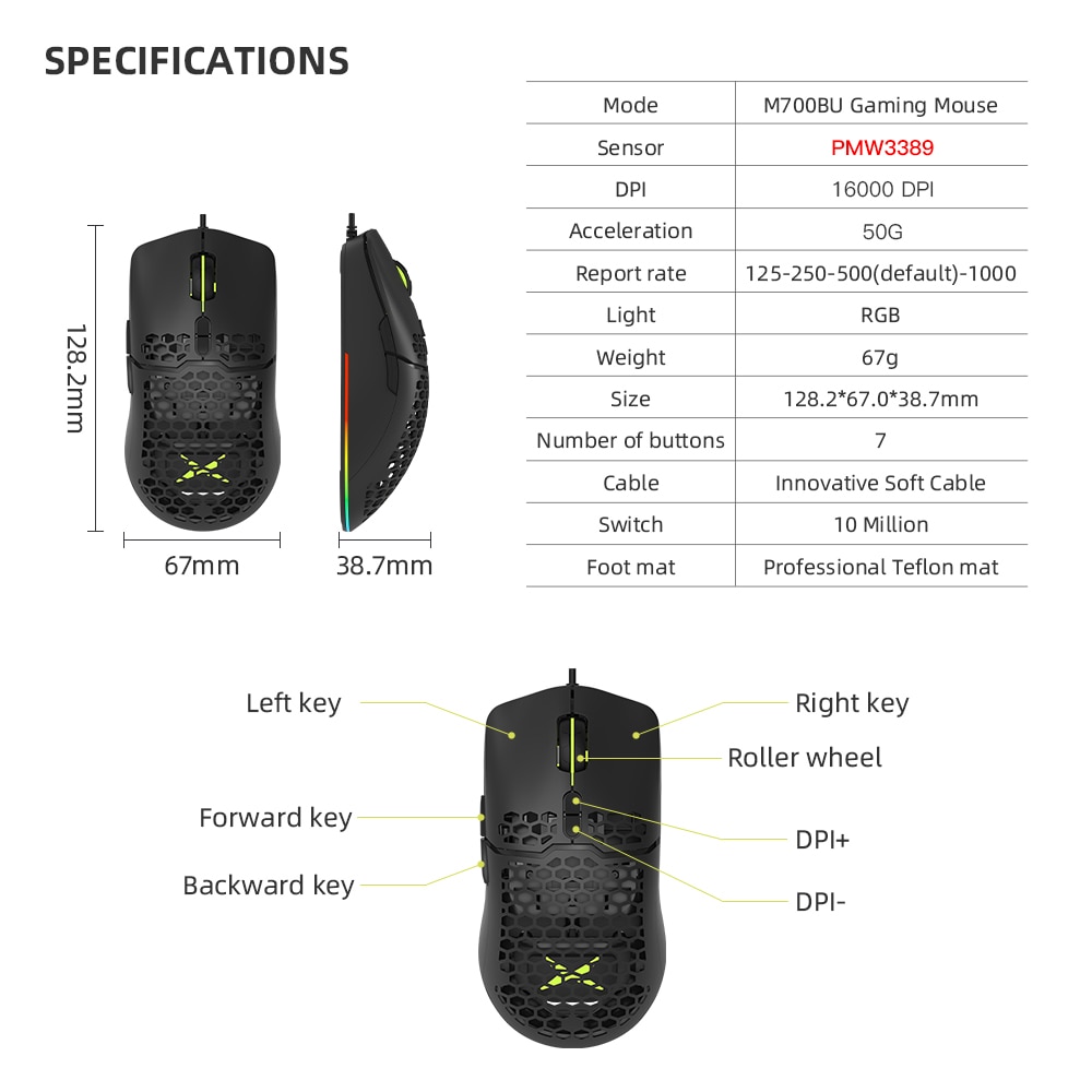 Delux M700 PMW3389 RGB Gaming Mouse 67g Lightweight Honeycomb Shell ...
