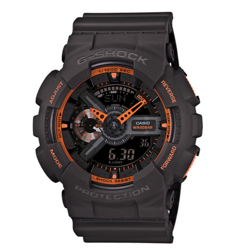 Casio G-shock นาฬิกาข้อมือผู้ชาย สายเรซิ่นสีเทา ขอบหน้าปัดสีส้ม รุ่น GA-110TS-1A4