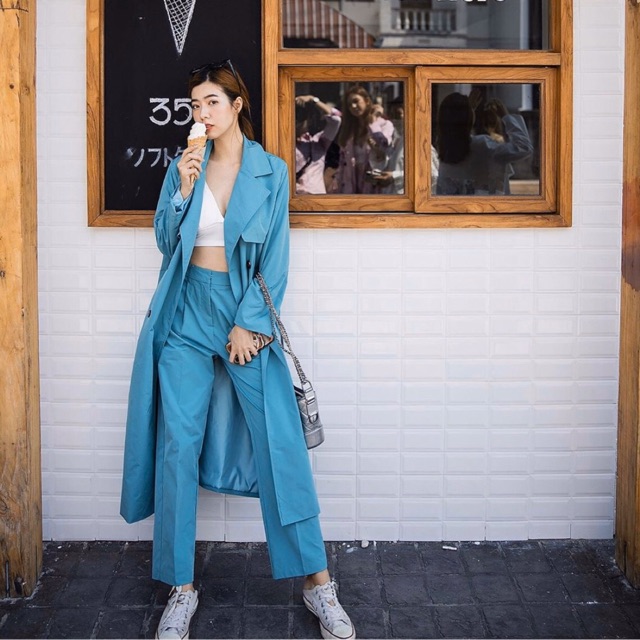 Basicbysita - A077 Trench coat set (free size) สีฟ้ามิ้นเก๋ๆ ใส่ไปต่างประเทศได้ชิคๆ กันลม เด่นสุดในเ