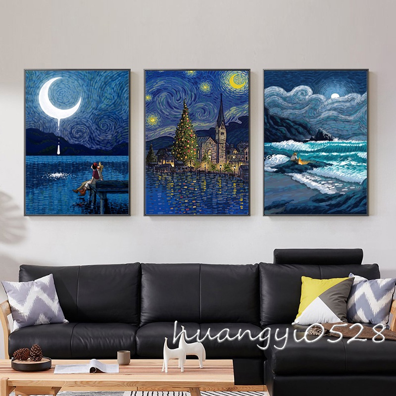วอลเปเปอร์ภาพวาดผ้าใบ ลายการ์ตูน Van Gogh Starry Sky สไตล์นอร์ดิก ไร้กรอบ สําหรับตกแต่งบ้าน ห้องนั่งเล่น