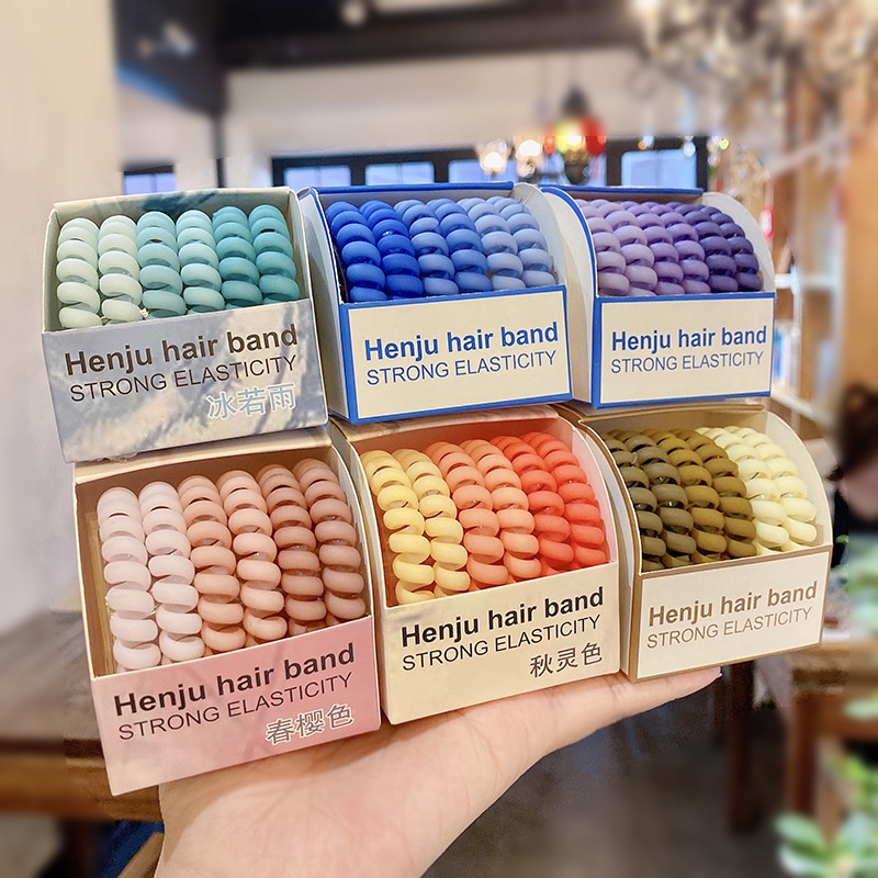 เชือกรัดผมแบบสายโทรศัพท์สีสันสดใส 6 ชิ้น/ชุด เชือกรัดผมแบบไร้รอยต่อ แฟชั่นสำหรับเด็กผู้หญิง ยางรัดผม - รูปที่ 7