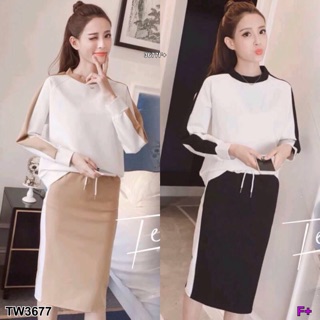 เซ็ต 2 ชิ้น เสื้อแขนยาว แต่งทูโทน สไตล์เกาหลี กระโปรงสีทูโทน แฟชั่นเกาหลี