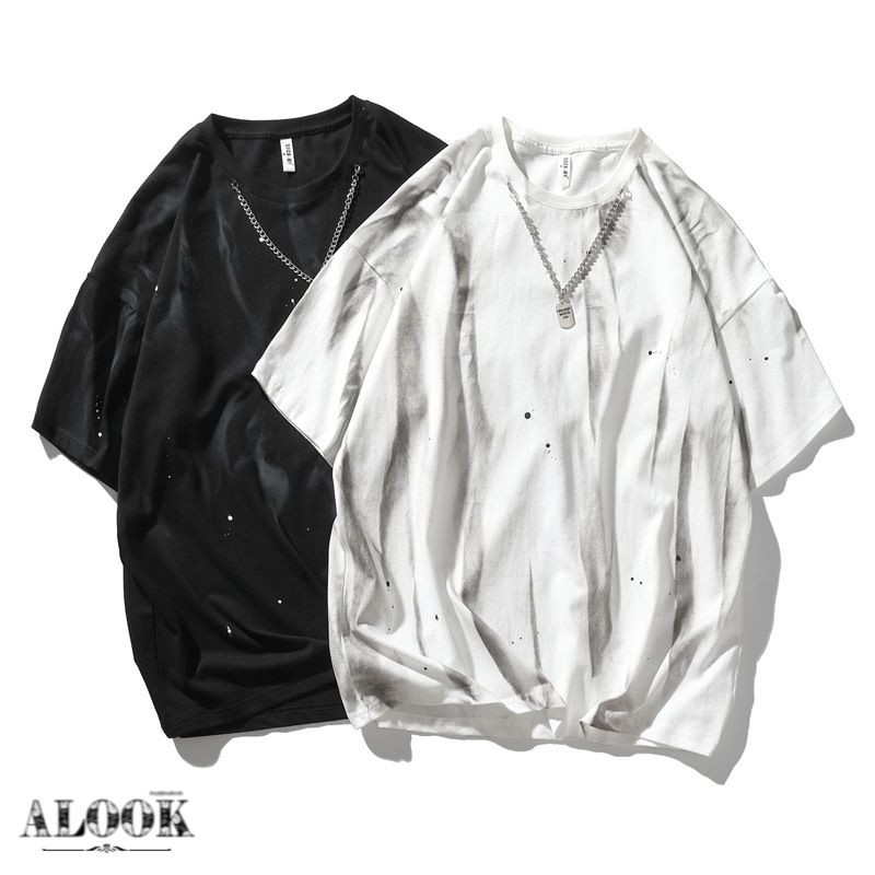 *มาใหม่* 2021 ฤดูร้อนหลวม Graffiti Galaxy พร้อมสร้อยคอคู่เสื้อยืด Graphic-T Over-Size Casual เสื้อ [