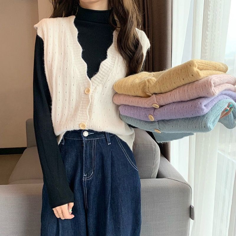 เสื้อกันหนาวไหมพรมแขนยาว มีกระดุมหน้า สไตล์เกาหลี