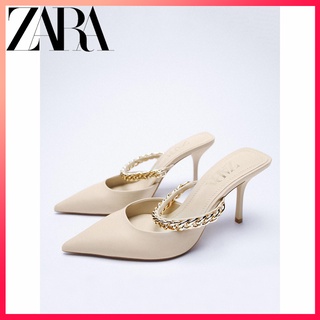 Zara รองเท้าส้นเข็ม หัวแหลม สายโซ่โลหะ สําหรับผู้หญิง