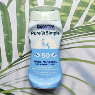 (Coppertone®) Pure &amp; Simple 100% Mineral Sun Protection Zinc Oxide Sunscreen Lotion SPF50, 177ml โลชั่นกันแดด กันน้ำ