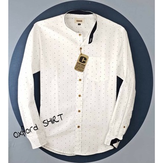 เสื้อเชิ้ตแขนยาว คอจีน ผ้า Oxford ลายอักษรจิ๋ว สีขาว มีถึงไซส์ 4XL