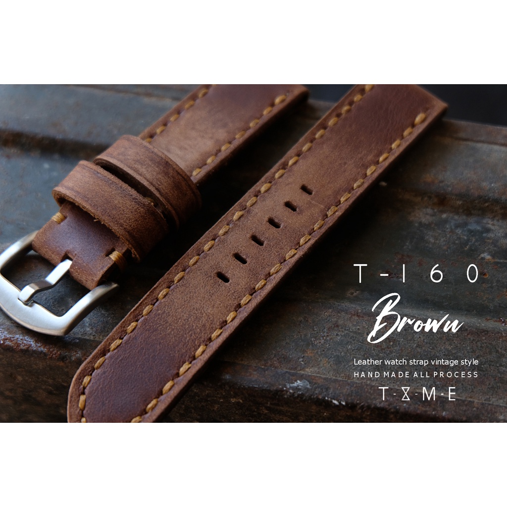 สายนาฬิกาหนังวัวญี่ปุ่น Handmade รุ่น T-160 สายนาฬิกาแนววินเทจ สีน้ำตาล vintage มีเฟดมาในตัว ขนาด 20mm 22mm 24mm
