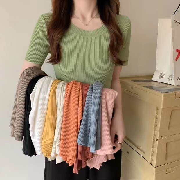 ส่งทันที Cici(NO. 635)เสื้อไหมพรมแขนสั้นคอกลมทรงสวย สไตล์สาวเกาหลีหวานๆ