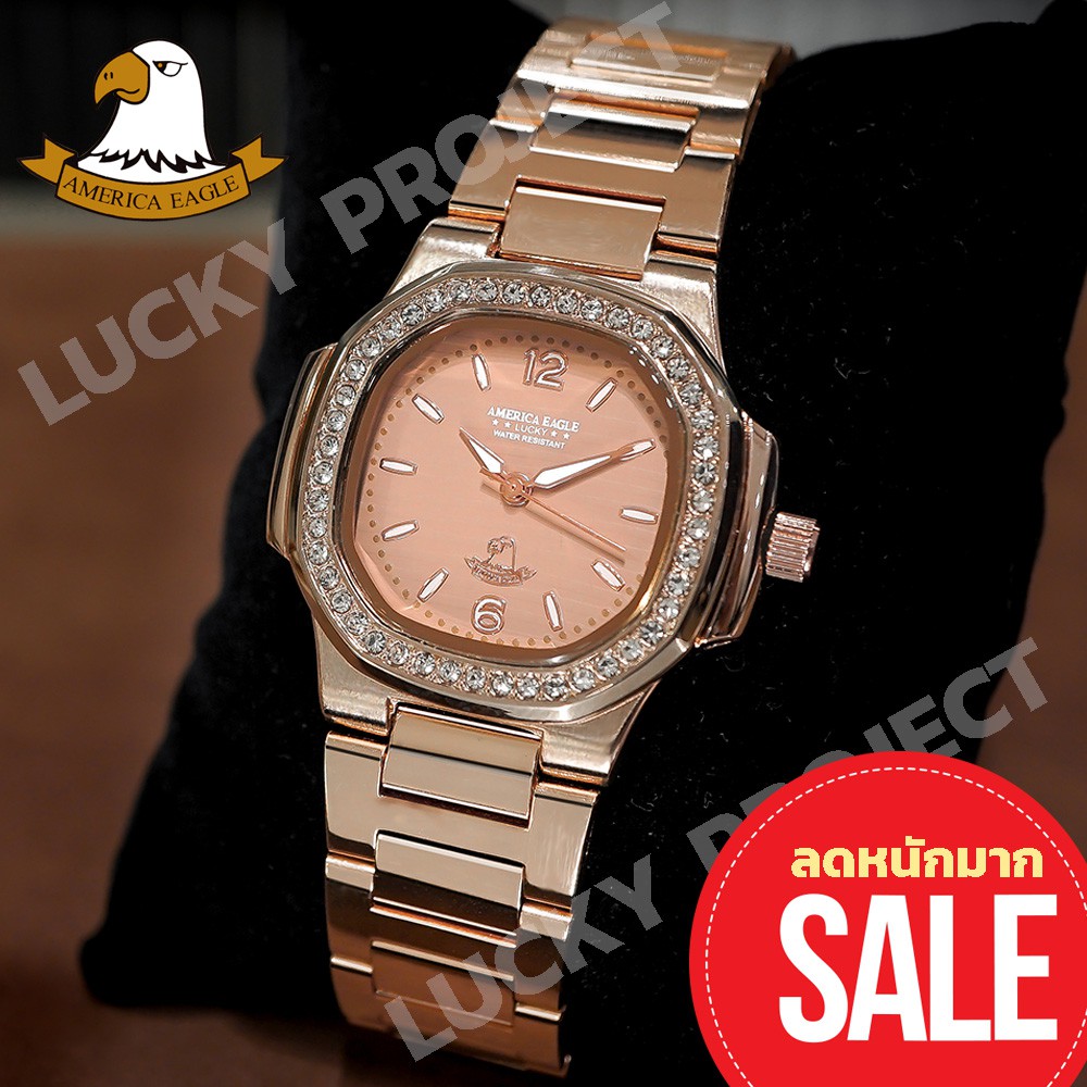 America Eagle นาฬิกาข้อมือผู้หญิง ราคาถูก แถมกล่องนาฬิกา รุ่น 8014L สายพิ้งโกลด์หน้าปัดเบจขอบเพชร