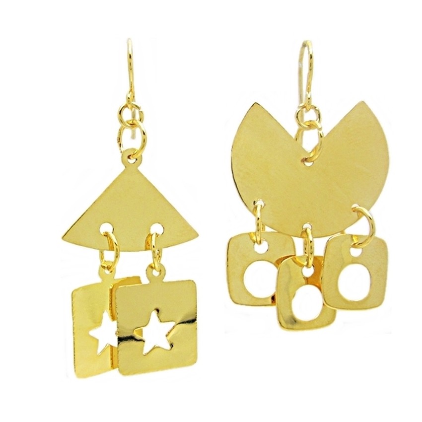 (2)ต่างหูประดับแผ่นสี่เหลี่ยมตุ้งติ้งฉลุเป็นรูปดาวกับวงกลม ต่างหูทอง
