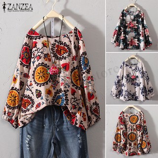 PRETTY Women O Neck Long Sleeve Floral Printed Loose Cotton Blouse