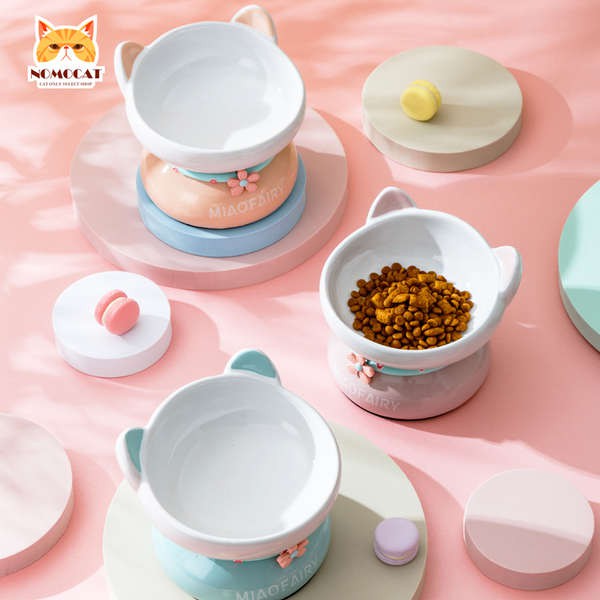 ❤ ชามอาหารสุนัข ❤ ♟Miaoxianer ceramic cat bowl to protect the cervical spine oblique mouth cat food 