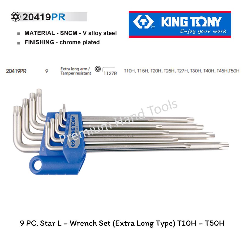 KING TONY ชุดประแจ L หัว TORX มีรู ขาว ยาว ขนาด T10 - T50 KINGTONY 20419PR (9 ตัว/ชุด)