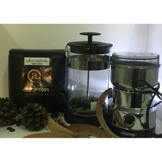 ชุดเมล็ดกาแฟคั่วเข้ม 500g.@y Coffee ,เหยือกชงกาแฟสด แบบ French Press ,เครื่องบดกาแฟไฟฟ้า