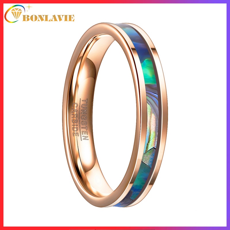 สนับสนุนแกะสลักBonaLAVIE Unisex 4mm Abalone Shell 100% จริงทังสเตนแหวนแต่งงาน Band Gold Plated แหวนหมั้นขนาด 5 ถึง 10