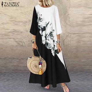 ZANZEA Women Vintage Floral Printed Three Quarter Sleeve Loose Long Dress