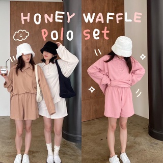 chuuchop_พร้อมส่ง(C7740) 🧇🍯 HONEY WAFFLE polo set ชุดเซ็ต เสื้อโปโลแขนยาวและกางเกงขาสั้น มี3สี