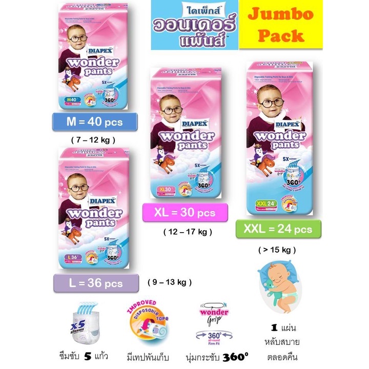 (แพ็คจัมโบ้) ผ้าอ้อมสำเร็จรูปแบบกางเกง ไดเพ็กส์ วันเดอร์ แพ้นส์  Diapex Wonder Pants