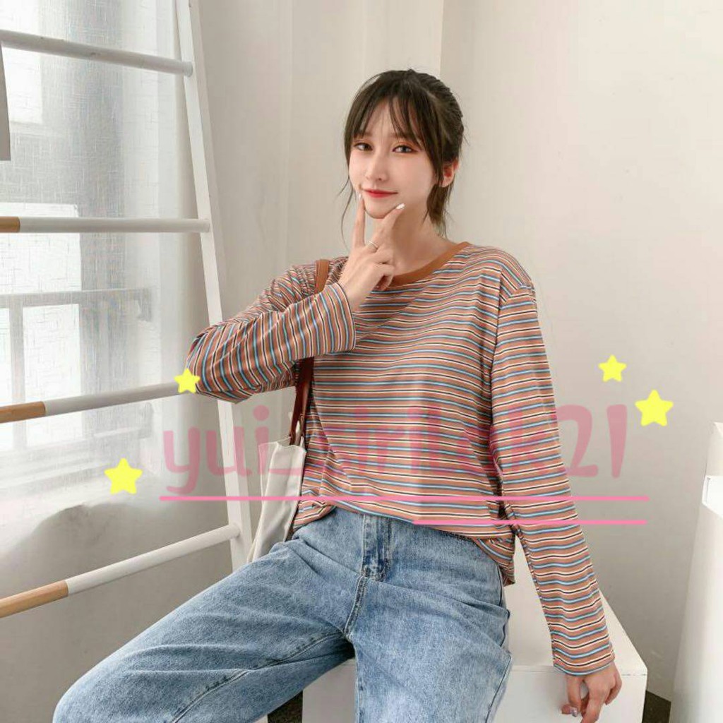 YUI (พร้อมส่ง ) เสื้อยืดเวอร์ชั่นเกาหลีใหม่ล่าสุดเสื้อยืดแขนยาวลายทางผู้หญิง #9307