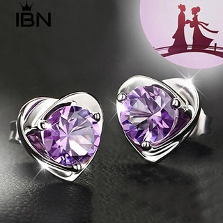 * Ibn Women Love Rhinestone หัวใจสีม่วงเงินตุ้มหูต่างหู Ears