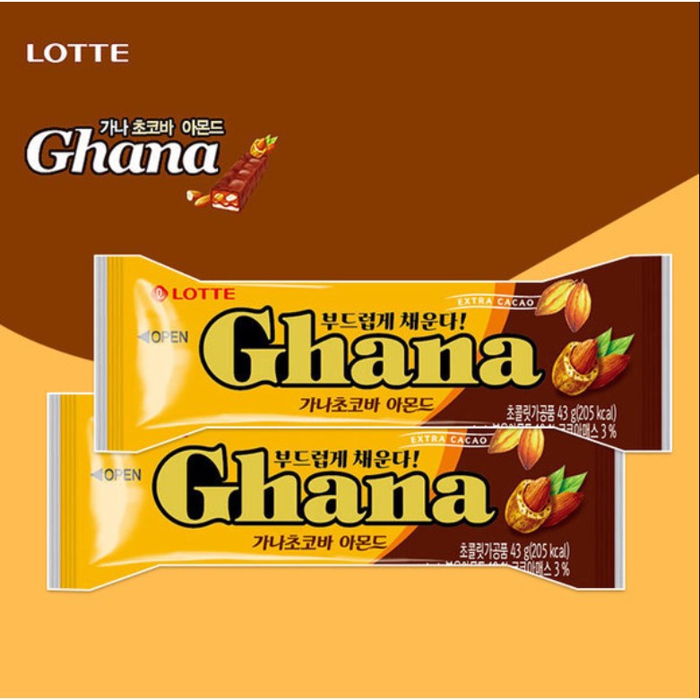 พร้อมส่ง 롯데 가나 초코바 아몬드 ช็อคโกเเลตบาร์อัลมอนด์ Lotte Ghana Almond Chocolate Bar 43g