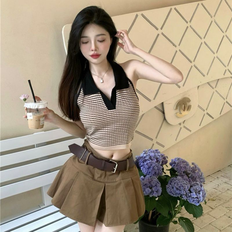 Vogue🌟พร้อมส่ง🌟  เสื้อครอปคล้องคอไหมพรม คอปก ดีเทลลายทางน่ารักมาก (0236) -C - รูปที่ 6