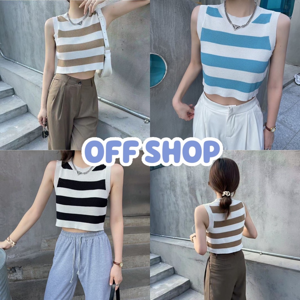 OFF SHOP พร้อมส่ง (OFF-A482) เสื้อกล้ามไหมพรม ทรงครอปสั้น ดีเทลลายทางน่ารักเรียบๆแต่เท่