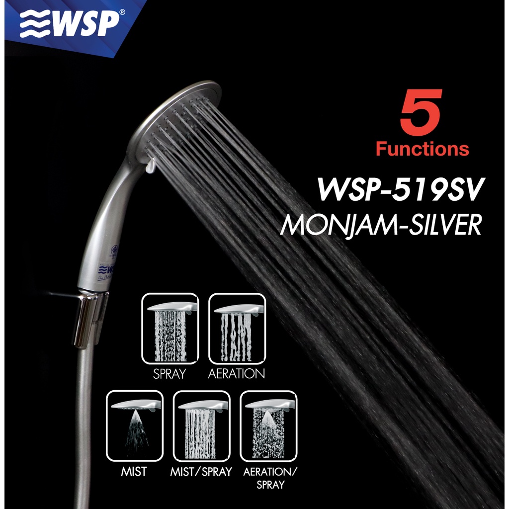 WSP ชุดหัวฝักบัวพร้อมสาย ปรับได้ 5 ระดับ MONJONG-SILVER รุ่น WSP-519SV (สีเงิน)