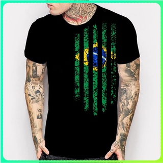 เสื้อยืดผ้าฝ้ายพิมพ์ลายBrazil Vintage Flag T-Shirts Mens Short Sleeve Black T Shirts Funny  Print  Rock Fashion Tops ER