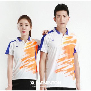 เสื้อแบดมินตัน คอปก รุ่น XL-K-05 สีขาวส้ม  ผ้าไมโครโพลีเอสเตอร์ พิมพ์ลาย ผ้านุ่ม ใส่สบาย แห้งไว ระบายเหงื่อดี ไม่ร้อน