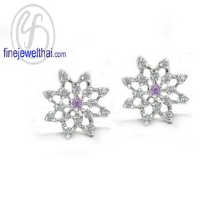 Finejewelthai-ต่างหูอะเมทิสต์-อะเมทิสต์-ต่างหูเงินแท้-ต่างหูเพชรCZ-Amethyst-Silver-Earring-Birthstone-E1094amt