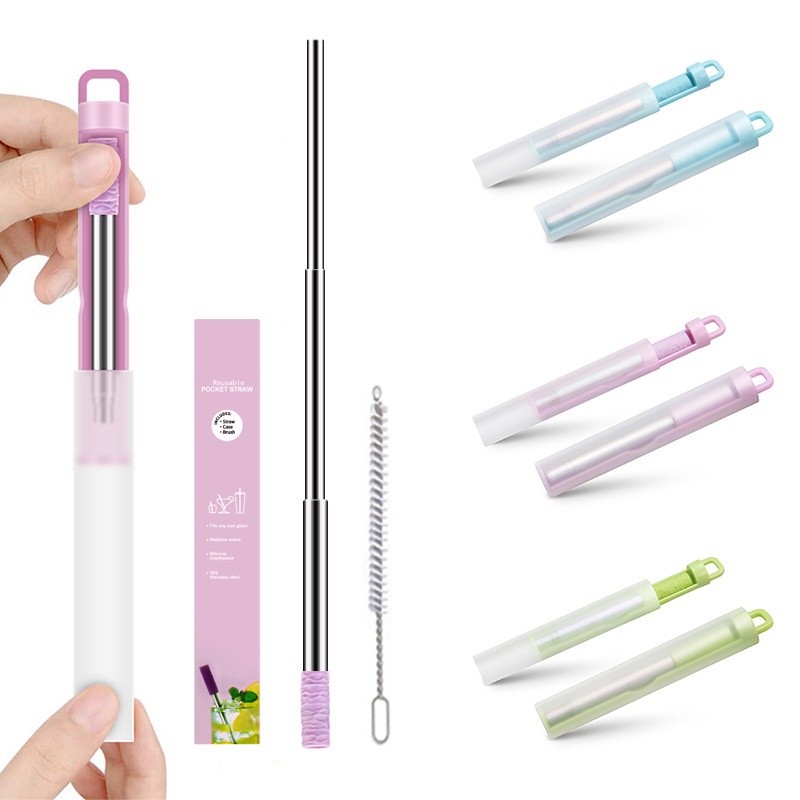 หลอดดูดนมซิลิโคน สเตนเลส 304 ทรงกลม แบบพกพา พับได้ สีสันสดใส 1 ชุด