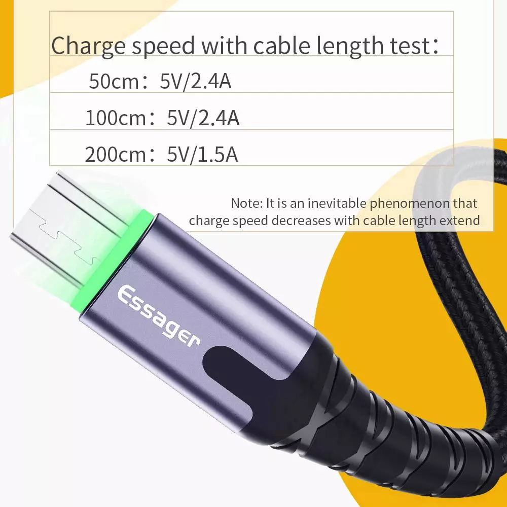 Essager สายชาร์จเร็ว LED Micro USB 3A สายชาร์จโทรศัพท์มือถือ Microusb