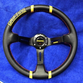 MOMO Steering wheel ( 13 inch ) ปักเเดง ( 13 นิ้ว ลึก 3 นิ้ว หนัง CABLA ) BLACK